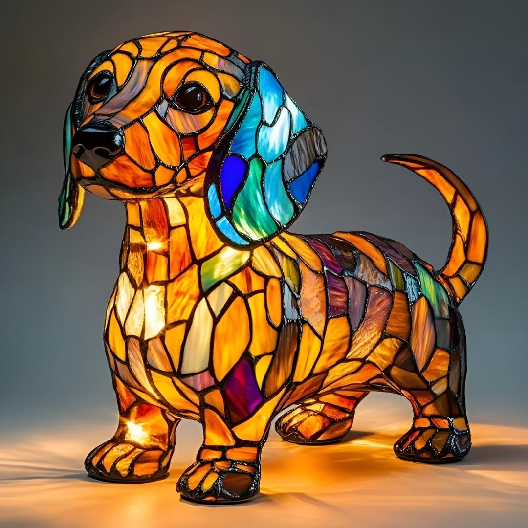 LumiHound – Bunte Dekorationslampe Mit Dachshund Motiv Aus Buntglas