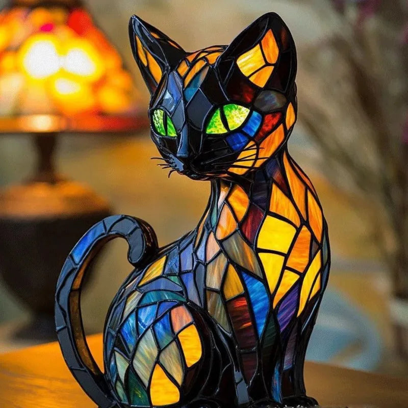 GlowEyes – Elegante Tischlampe Mit Katzenmotiv Aus Buntglas