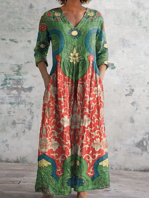 Abriella – Langes Kleid Mit Lotus Druck Und Taschen