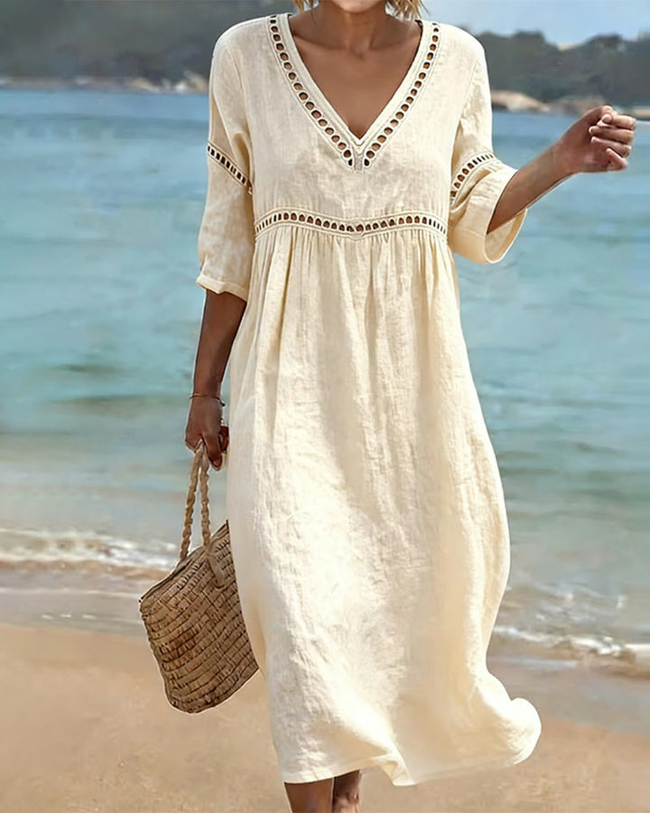 Mikela - Midi Kleid Mit V-ausschnitt Und Durchbrochenem Besatz
