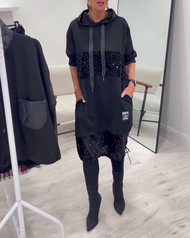 Mansherry - Modisches Patchwork Kleid Mit Kapuze