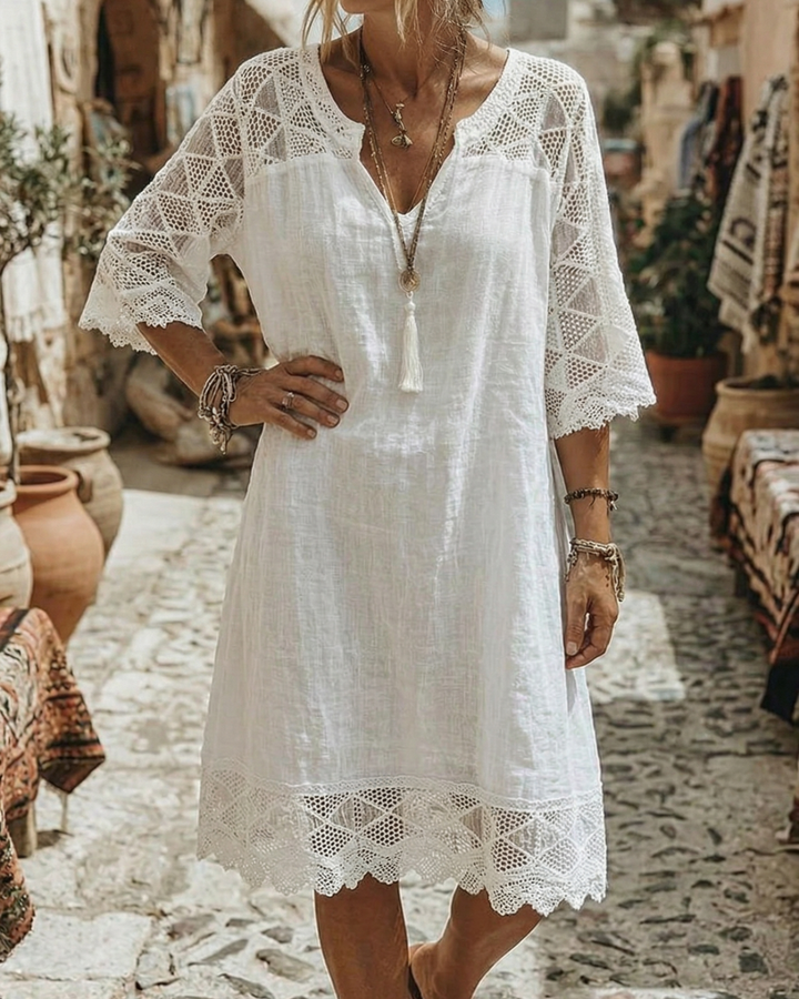 Kilina – Patchwork-Kleid Mit V-Ausschnitt Und Spitze