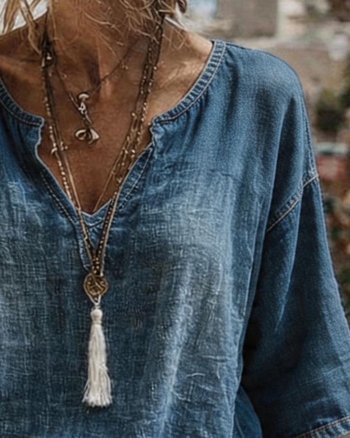 Syleena – Jeans-Top Mit V-Ausschnitt Und Halben Ärmeln