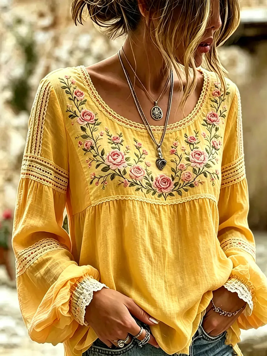 Esraa - Leinenbluse Mit Besticktem Blumenkragen