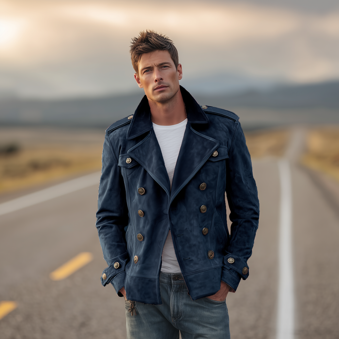 Momonosuke - Klassische Retro Jacke im Westernstil Mit Revers Und Doppelter Knopfleiste Aus Wildleder