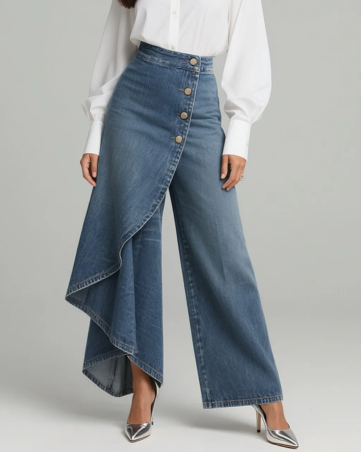 Elpida – Jeans Mit Wickeloverlay, Knopfleiste Vorne Und Weitem Bein