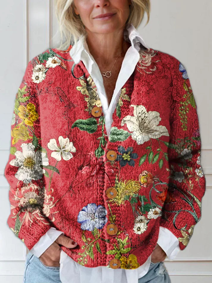 Gilly – Vintage Strickjacke Mit Blumenmuster Und Knöpfen