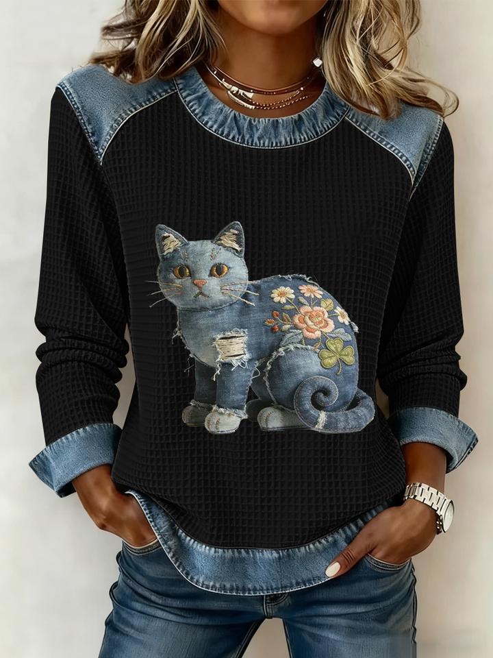 Karmela - Vintage Jeansstoff Patchwork Drucken Oberteil