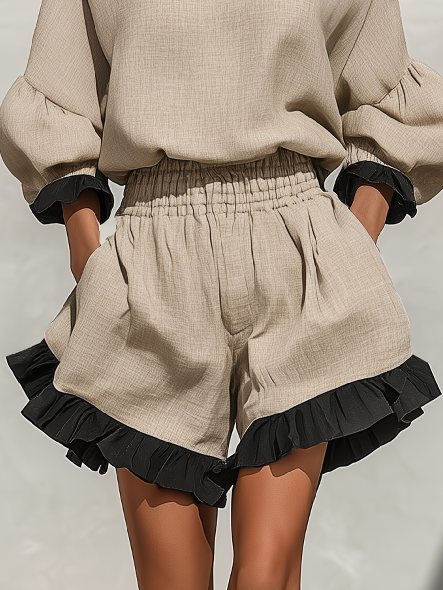Simi – Bluse Und Kurzhosen Mit Rüschenbesatz Aus Leinen