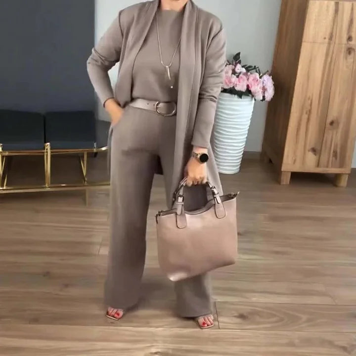 Zivara - Elegantes 3-Teiliges Set Mit Langem Cardigan Oberteil Und Hose