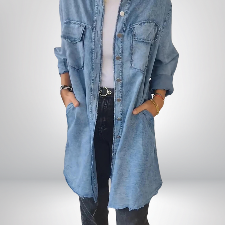 Krystyna – Stilvolle Jeansjacke Mit Langen Ärmeln und Kragen