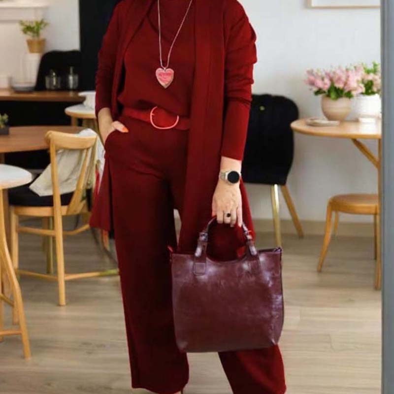 Dorren – Elegantes 3-Teiliges Set Mit Langem Strickjacke, Oberteil Und Hose