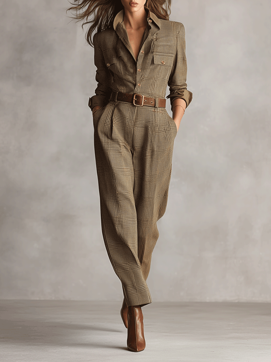 Dulce - Jumpsuit Mit Karomuster Und Gürtel Sowie Hemdkragen