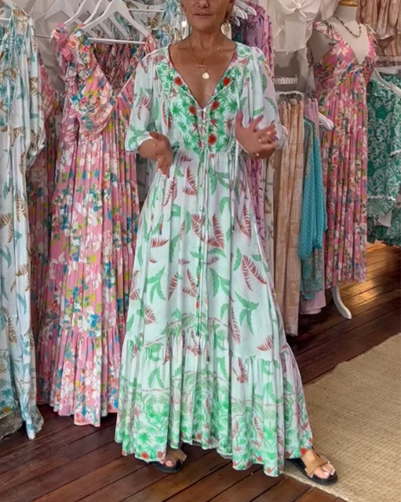 Minea - Langes Kleid Mit Blattmuster