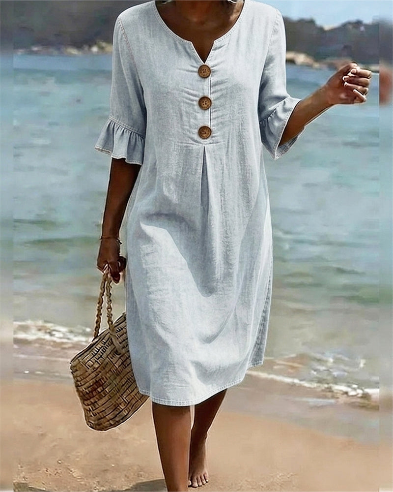 Fammke - Kleid Mit Blattmuster Und Jeansärmeln