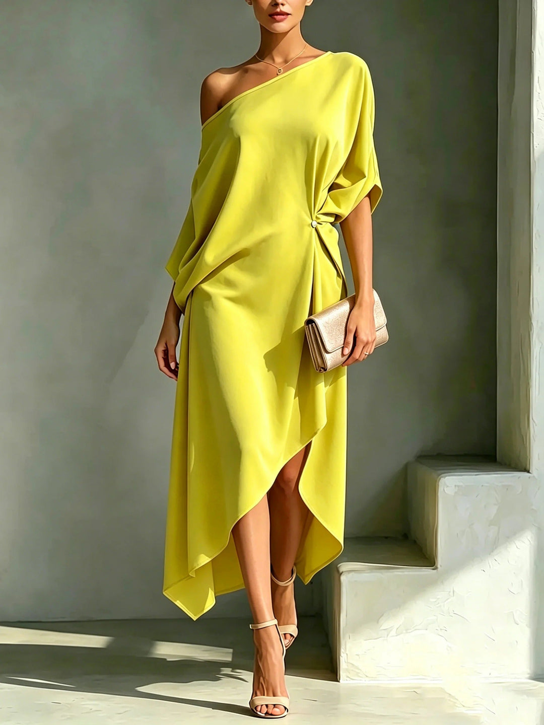 Elonia - Asymmetrisches Midi-Kleid Mit Schulterfreiem Ausschnitt