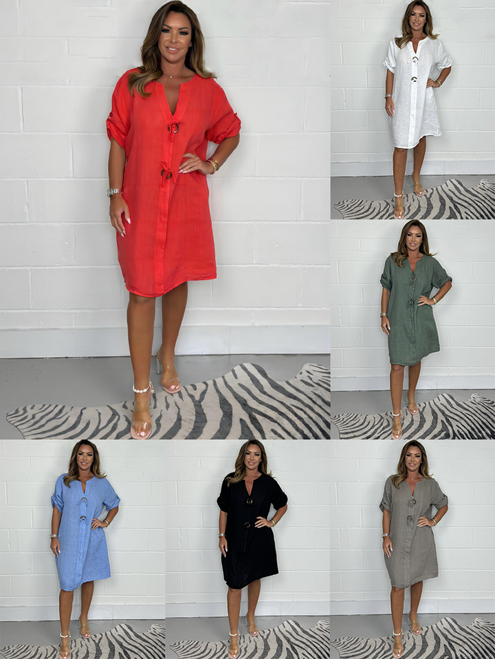 Noeilla - Lässiges Locker Sitzendes Baumwoll Kleid Mit Knöpfen