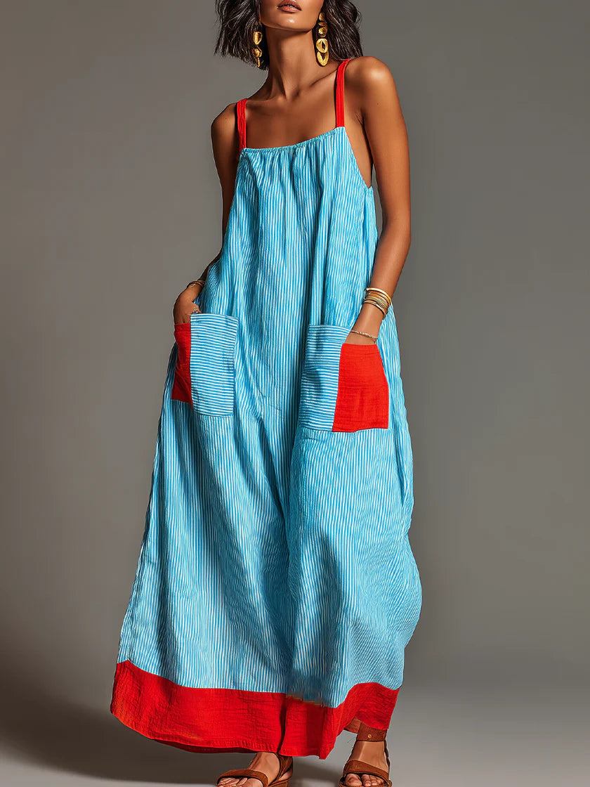 Sallina – Gestreiftes Maxi Kleid Mit Roten Akzenten