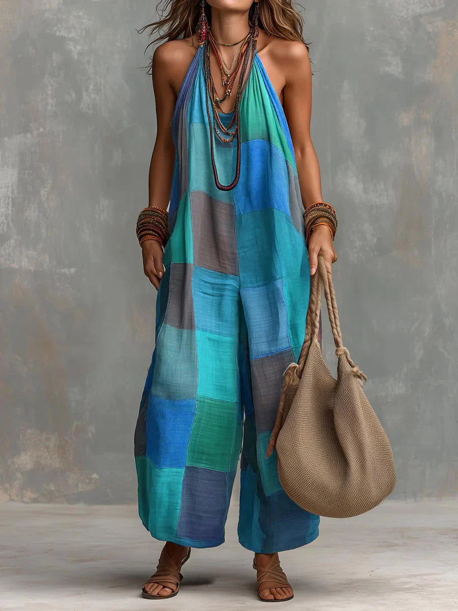 Meriny - Patchwork-Jumpsuit Mit Neckholder und Weitem Bein