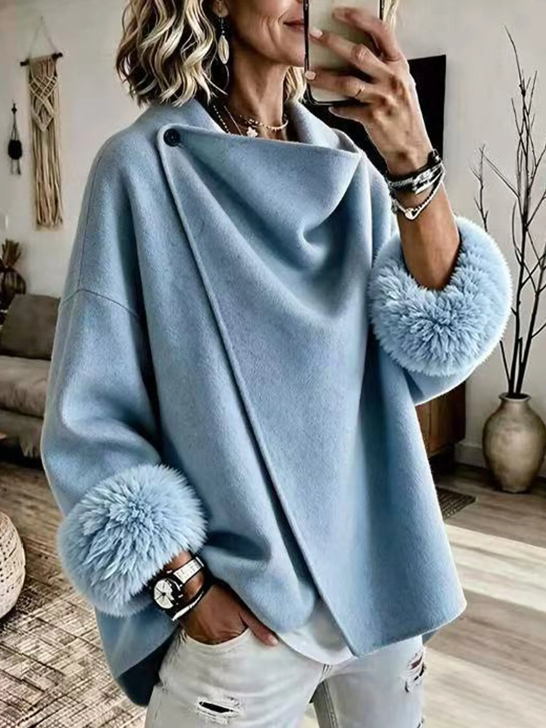 Mikila – Asymmetrische Jacke Aus Wollmischung Mit Kunstfellbesatz