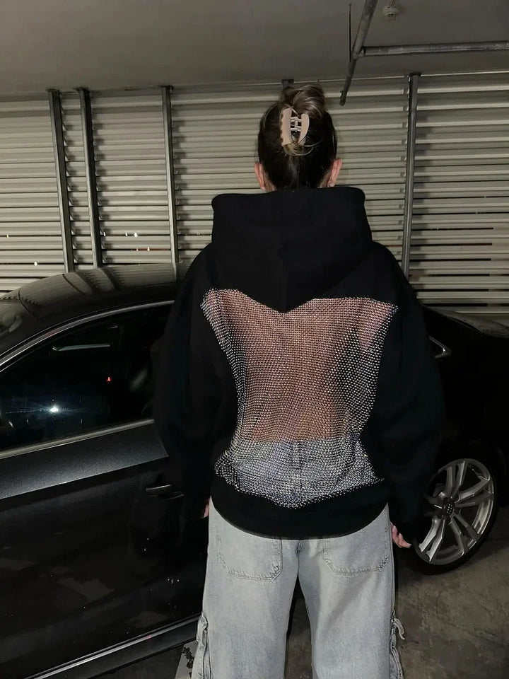 Yasmina – Rückenfreier Masche Glitzer Kapuzenpullover