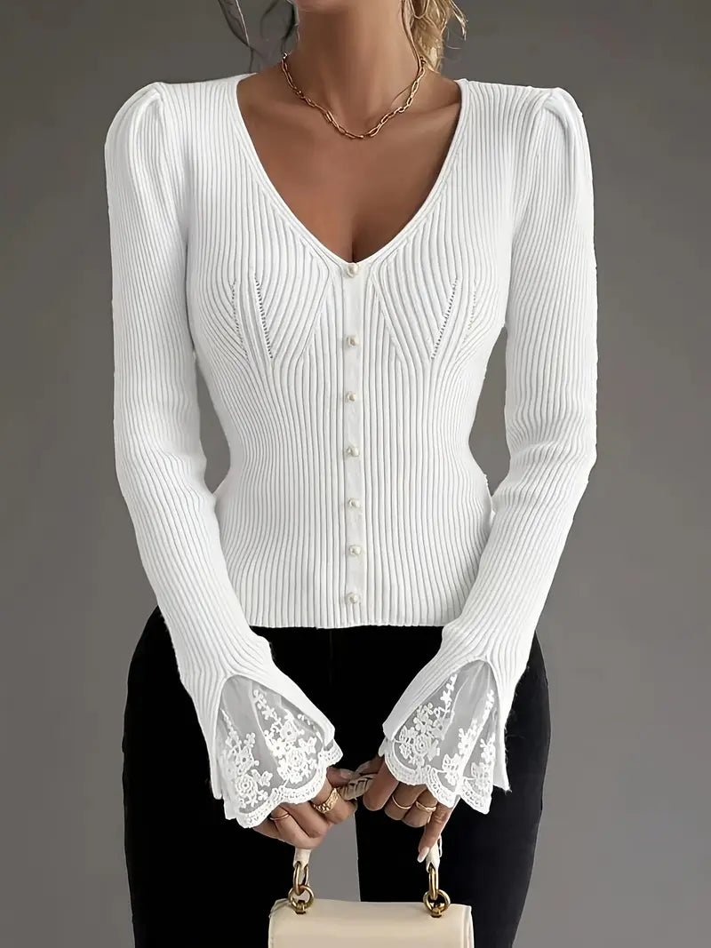 Visenna – Eleganter Pullover Mit V-Ausschnitt Und Spitzenärmeln
