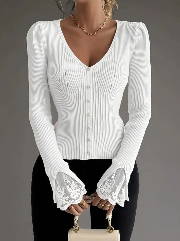 Visenna – Eleganter Pullover Mit V-Ausschnitt Und Spitzenärmeln