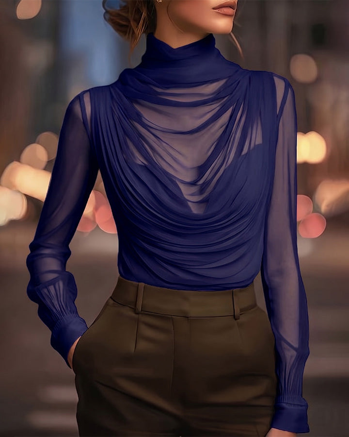 Jazmin - Transparente Drapierte Bluse Mit Hohem Kragen