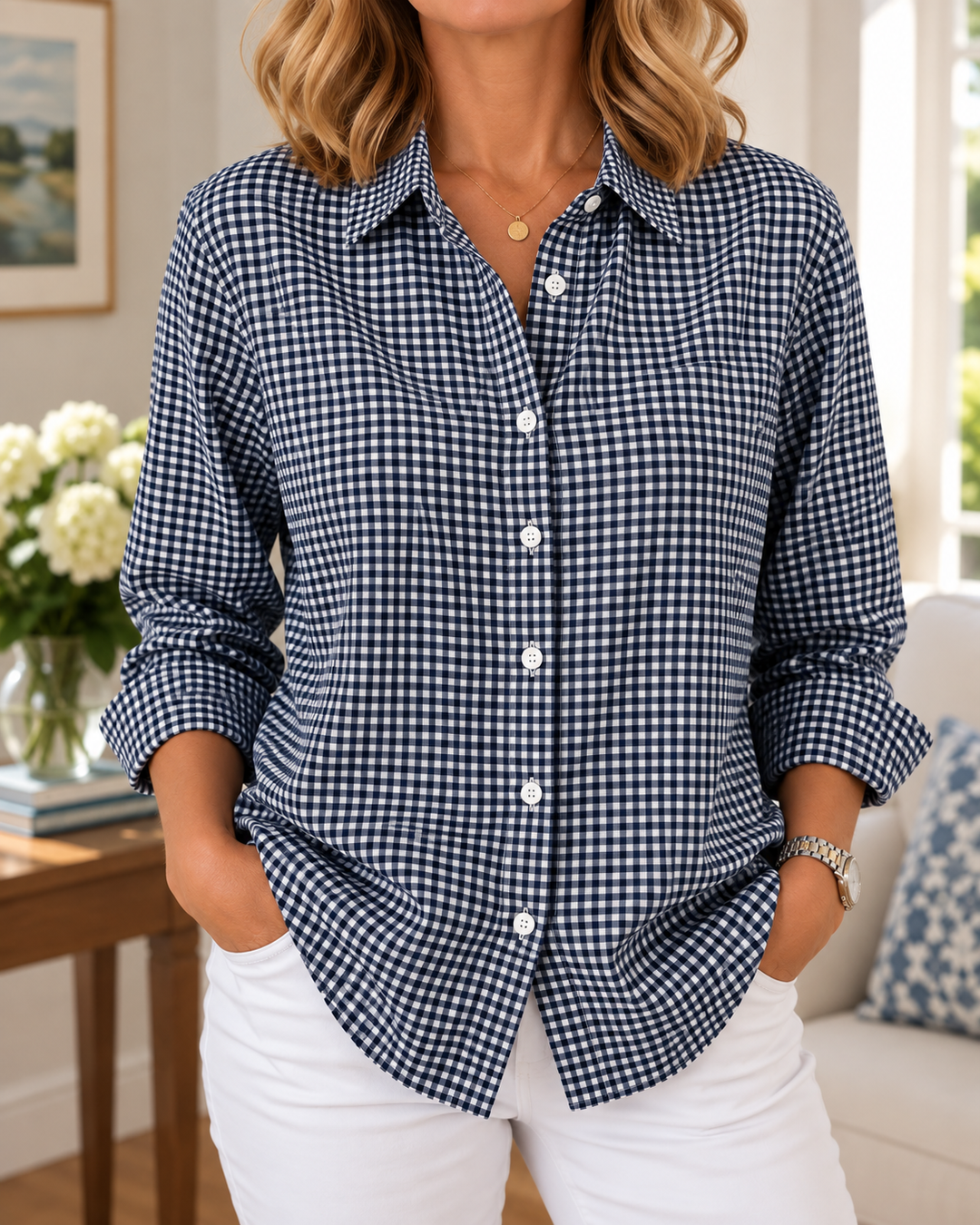 Colien – Langärmliges Gingham-Hemd mit Knöpfen