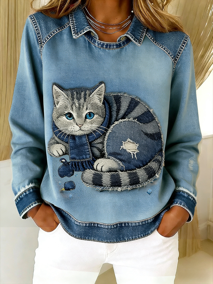 Eponin – Retro Katzen Jeansstoff Flickwerk Sweatshirt