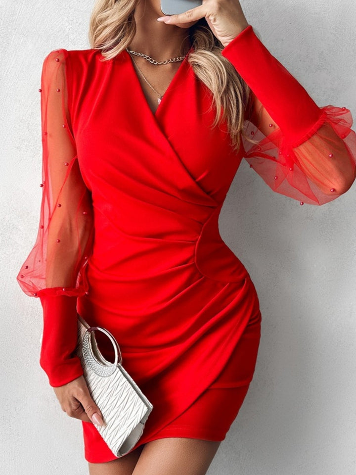 Yamato - Perlenbesticktes Plisseekleid Mit Tüllärmeln