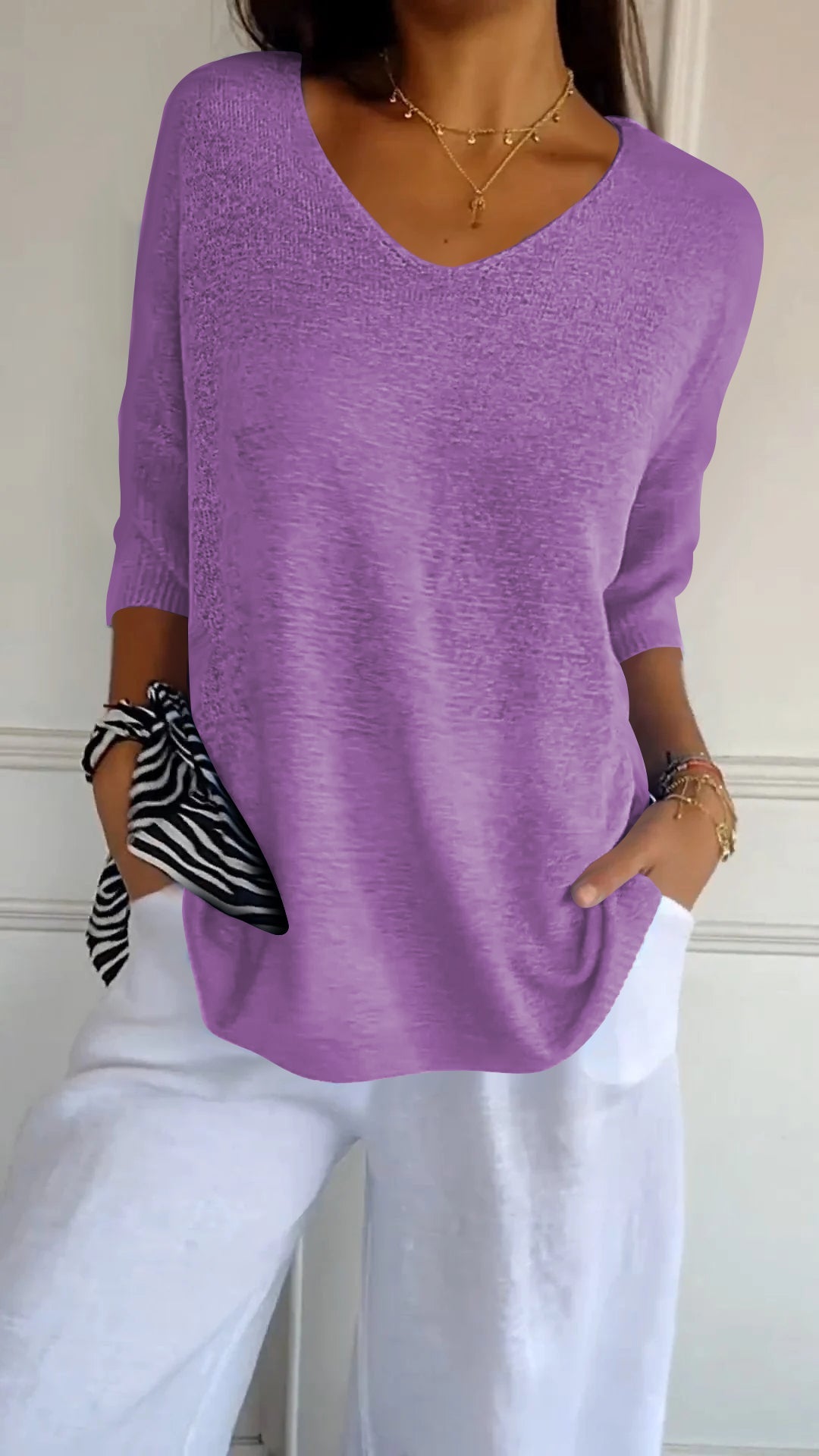 Rosal – Einfarbiger Strickpullover Mit V-Ausschnitt