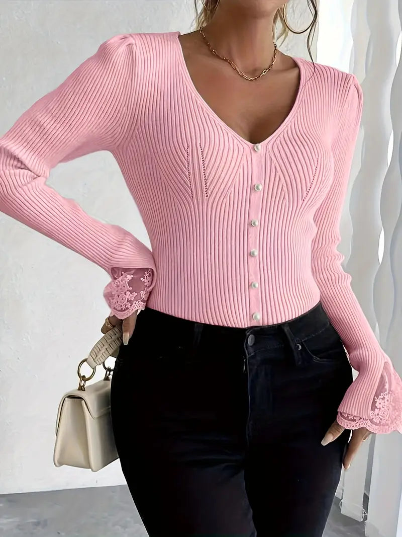 Visenna – Eleganter Pullover Mit V-Ausschnitt Und Spitzenärmeln
