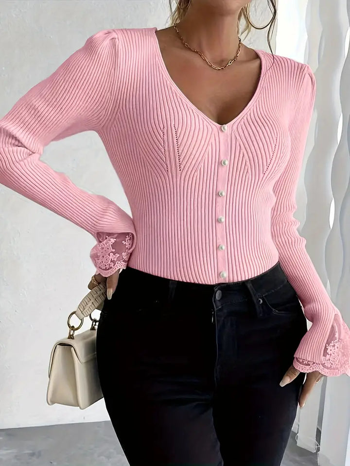 Visenna – Eleganter Pullover Mit V-Ausschnitt Und Spitzenärmeln