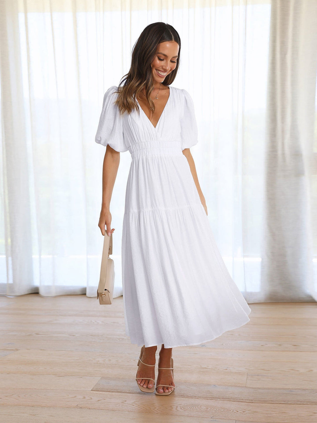 Delphine - Stylisches Midikleid MIT V-ausschnitt Und Rüschenärmeln
