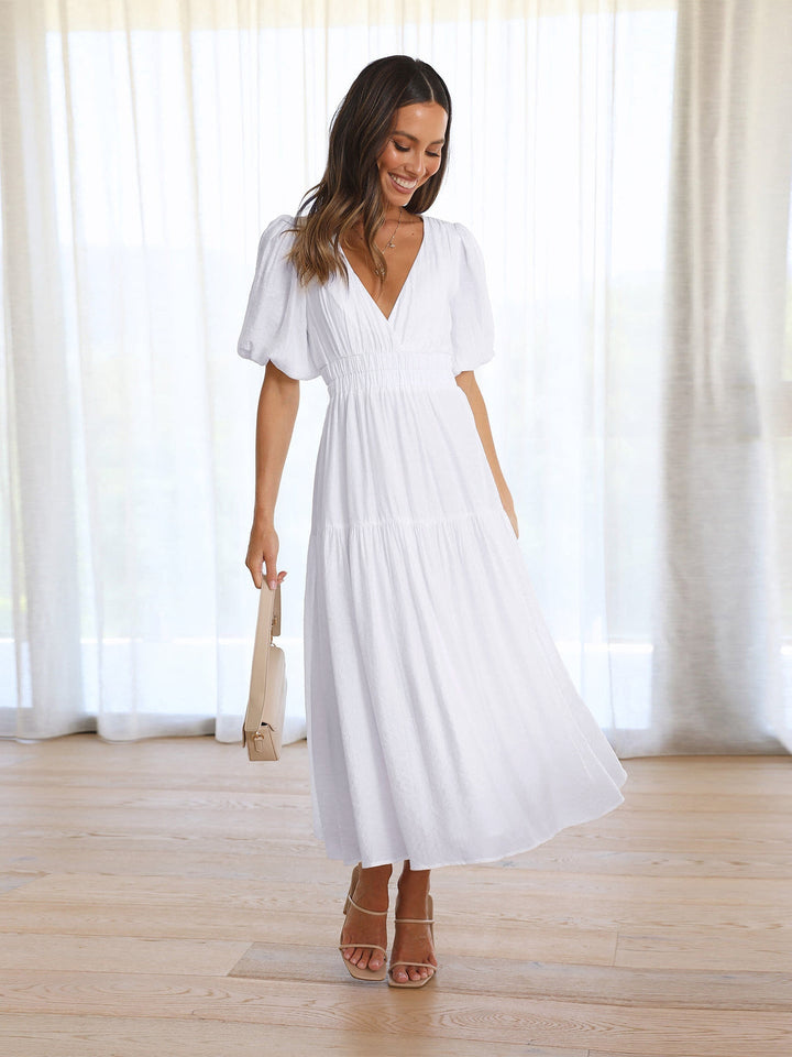 Delphine - Stylisches Midikleid MIT V-ausschnitt Und Rüschenärmeln