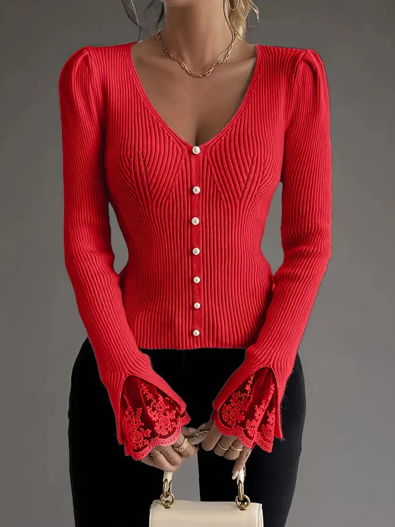Visenna – Eleganter Pullover Mit V-Ausschnitt Und Spitzenärmeln
