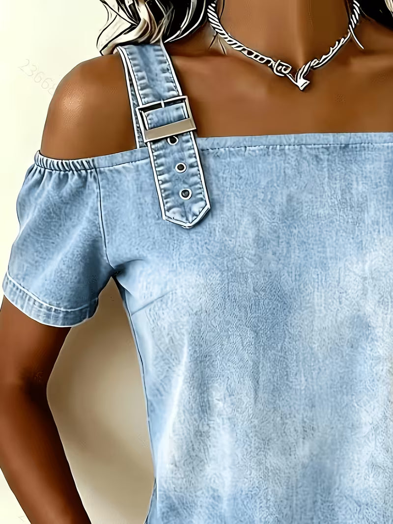 Kenia – Schulterfreir-Top aus Denim mit kurzen Ärmeln
