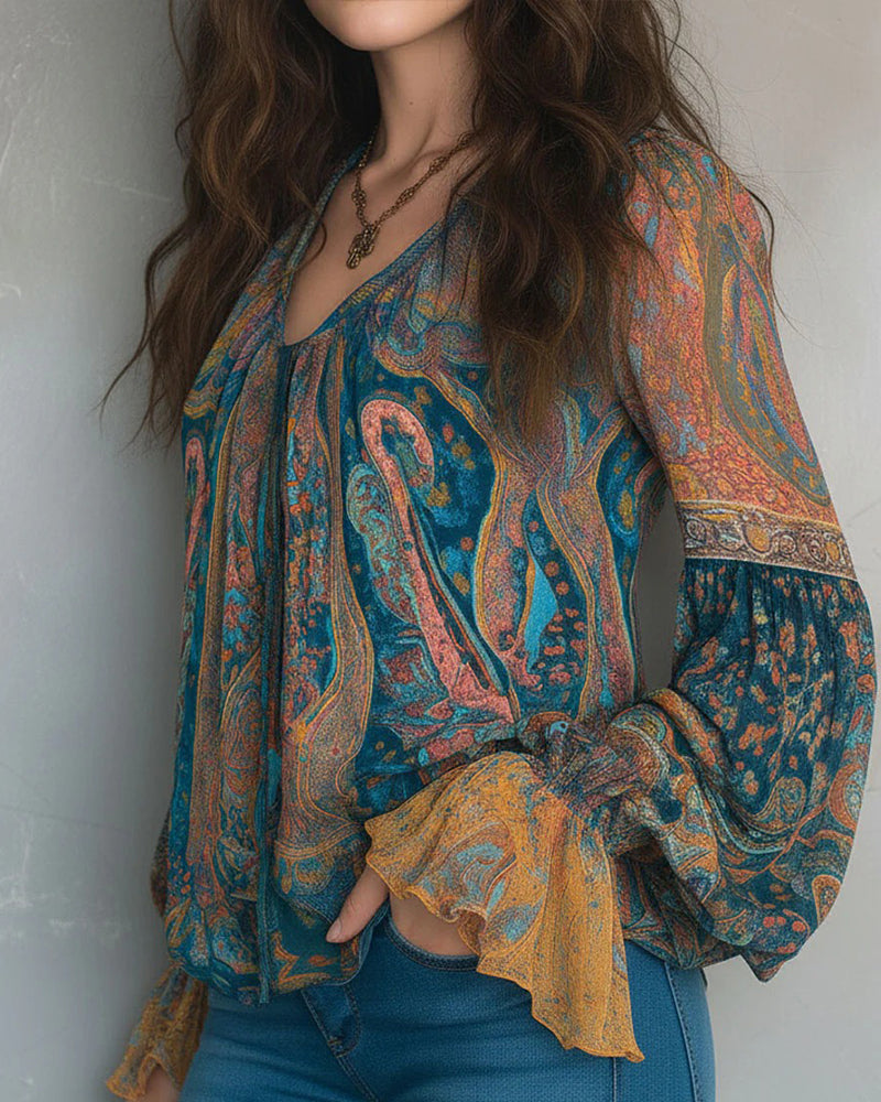 Izabella – Bluse im Bohemian-Stil Mit V-Ausschnitt Und Ausgestellten Ärmeln