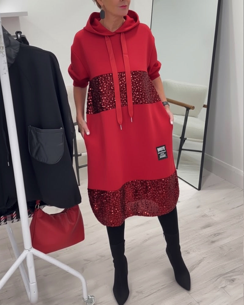 Mansherry - Modisches Patchwork Kleid Mit Kapuze