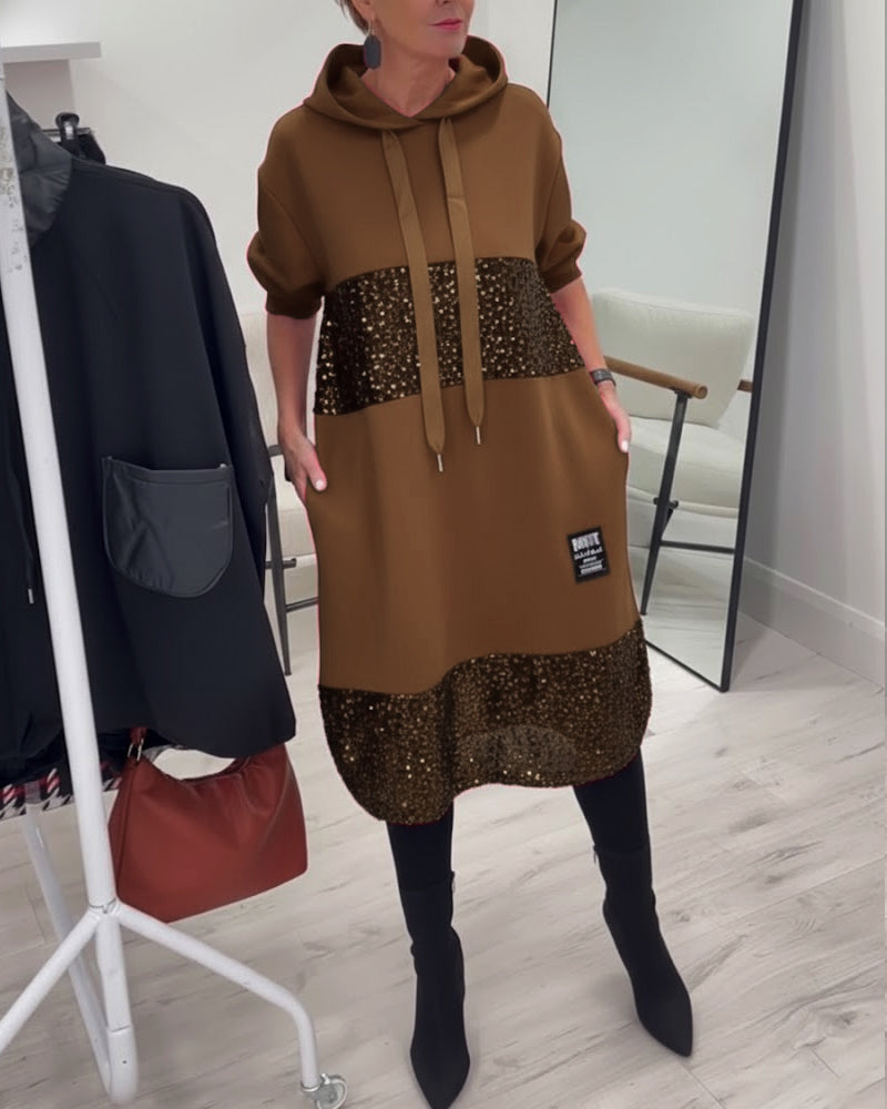 Mansherry - Modisches Patchwork Kleid Mit Kapuze