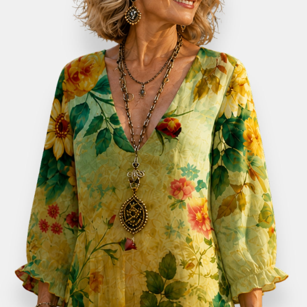 Emila – Fließendes Blumen Kleid Mit V-Ausschnitt