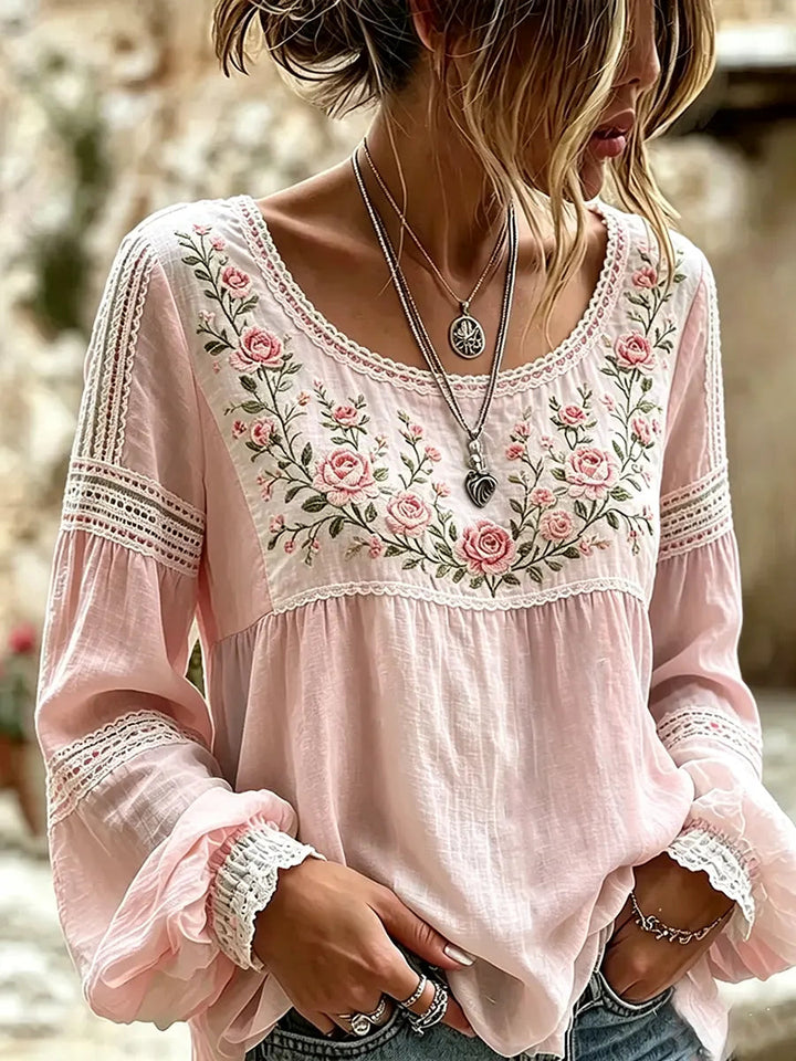 Esraa - Leinenbluse Mit Besticktem Blumenkragen