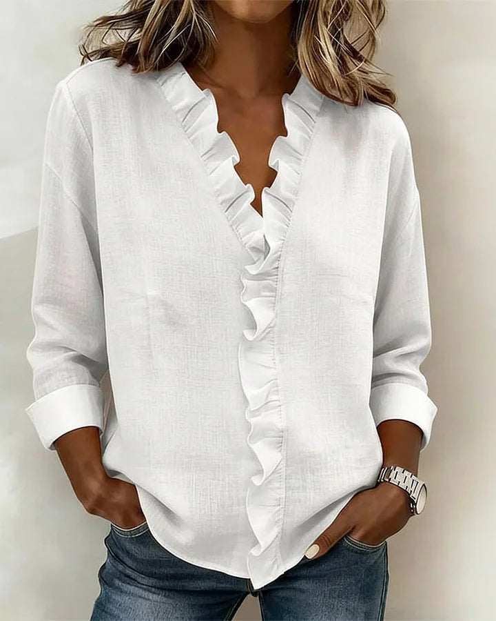 Aletta – Bluse Mit Rüschen, V-Ausschnitt Und Langen Ärmeln