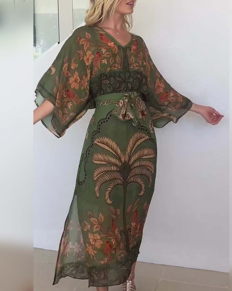 Brini – Bedrucktes Resort Kleid Mit V-Ausschnitt