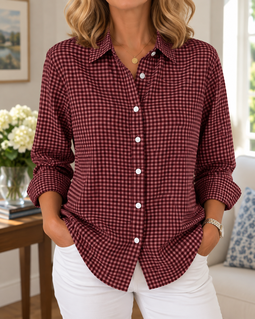 Colien – Langärmliges Gingham-Hemd mit Knöpfen