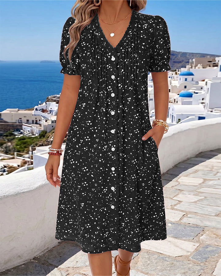 Dayma - Kleid Mit V-Ausschnit Blumenmuster Und Knopfleiste
