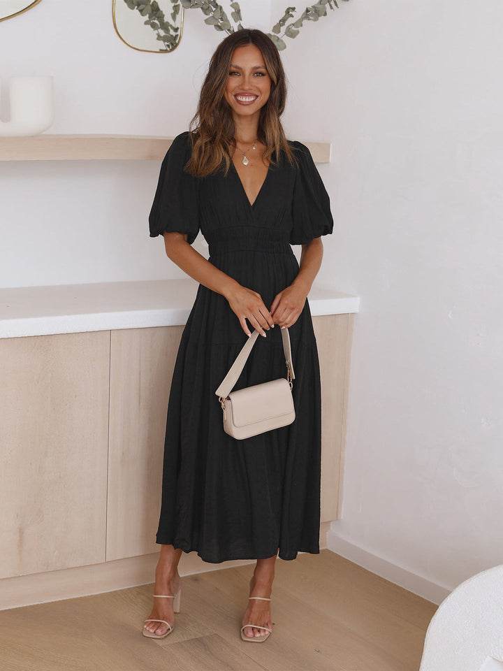 Delphine - Stylisches Midikleid MIT V-ausschnitt Und Rüschenärmeln