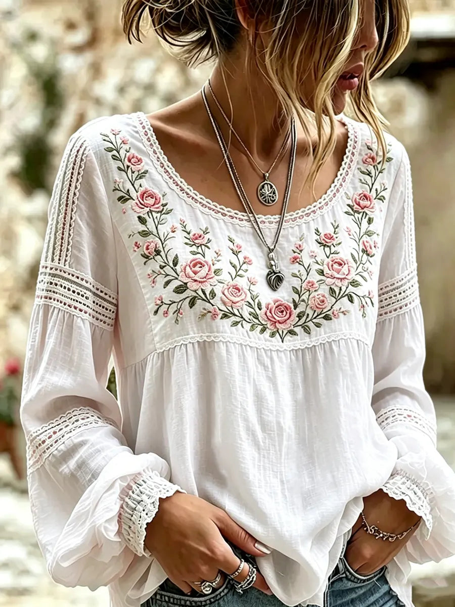 Esraa - Leinenbluse Mit Besticktem Blumenkragen