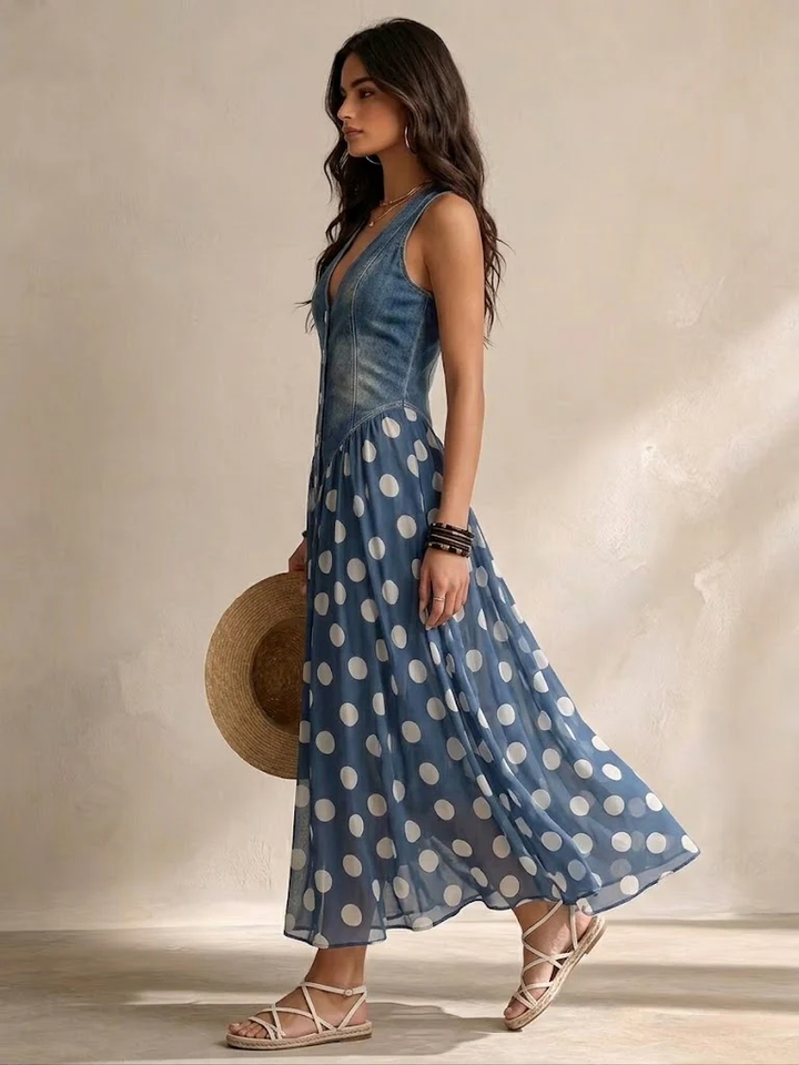 Vylina – Jeans Kleid Mit Chiffonrock Mit Polka-Dots